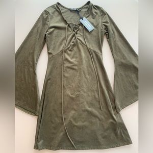 NWT Uptown American Olive Suede Lace-Up Mini Dress with Bell Sleeves | Small